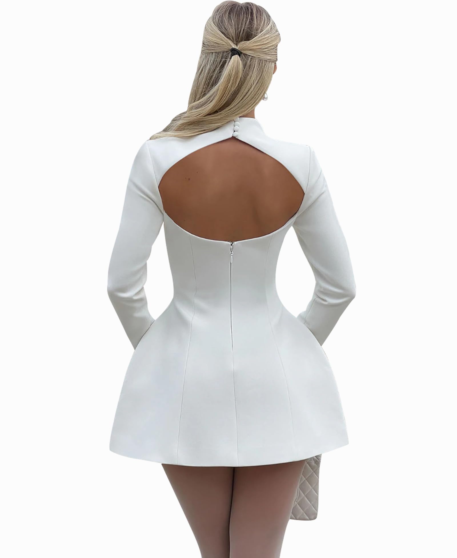 LuFeng Vestido corto de manga larga para mujer, con cuello alto falso, sexy, acampanado, sin espalda, para fiesta