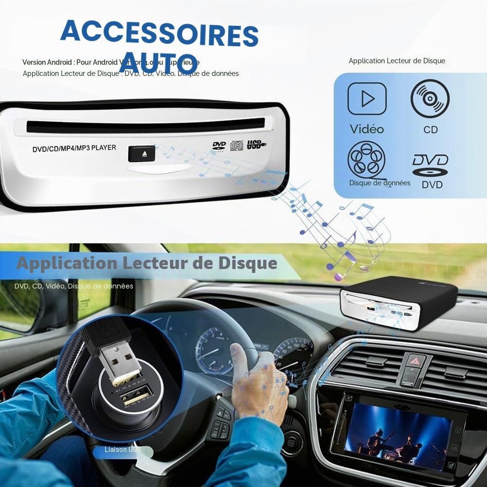 Lecteur CD Externe Portable Universel pour Voiture, Se Branche sur Le Port USB de la Voiture, Ordinateur Portable, Téléviseur pour Android 4.0 et Supérieur Navigation