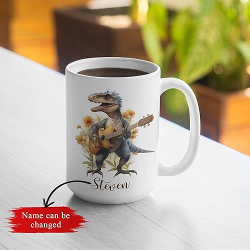 Miniatura 2 de Taza personalizada de dinosaurio para tocar la guitarra, taza de té de dinosaurio personalizada con nombre, taza de café única de dinosaurio, regalo