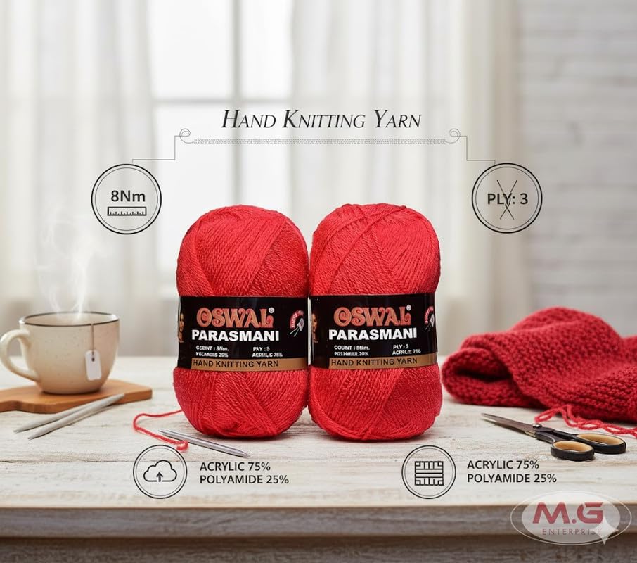 Image of M.G Enterprise Os wale 3 Ply Knitting Yarn Wool, Candy Red 600 gm Best Used with Knitting Needles, Crochet Needles Wool Yarn for Knitting. by M.G Enterprise Os wal Y