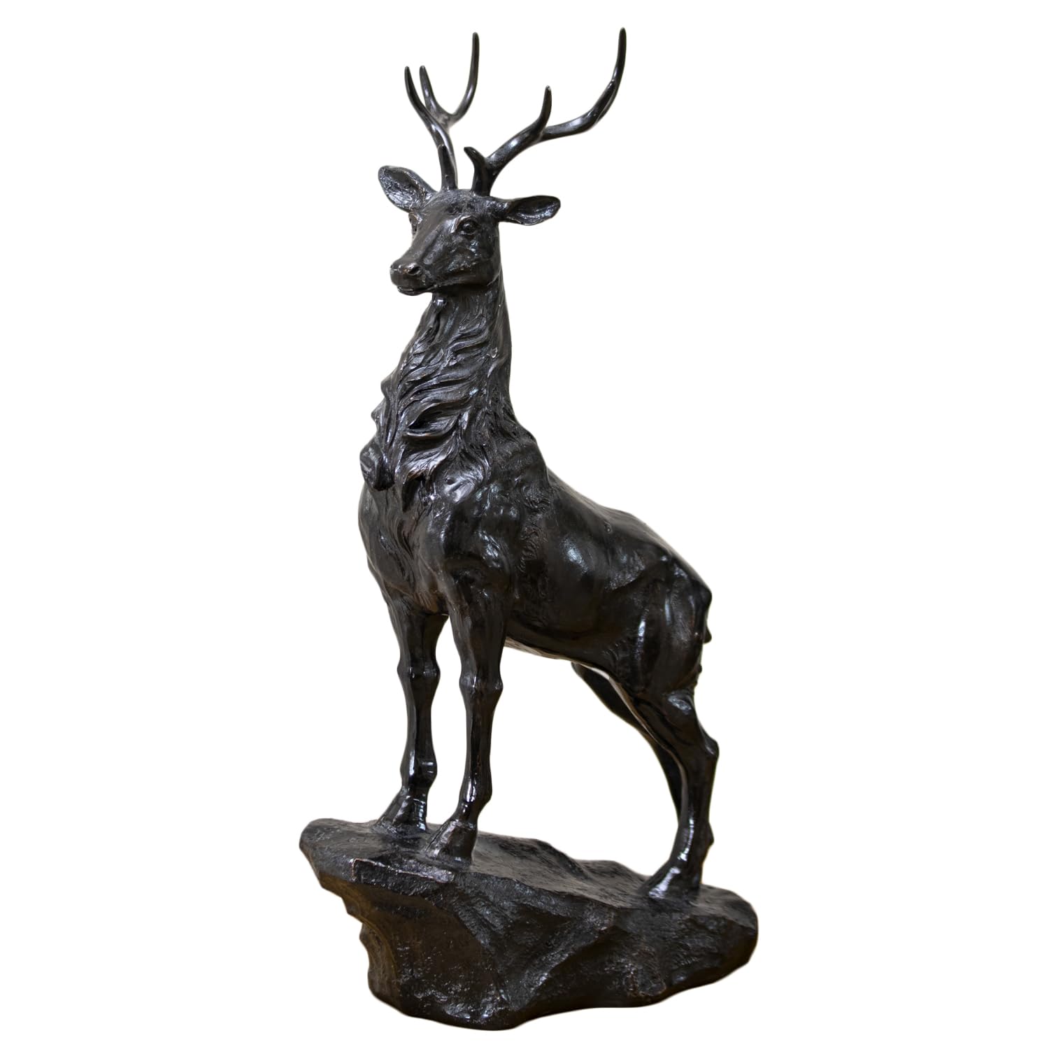 Darthome Bronze Stag Statue on Rock-Effect Plinth, Resin, Bronze Finish, 24x41cm, Freestanding Indoor Deer Sculpture Ornament