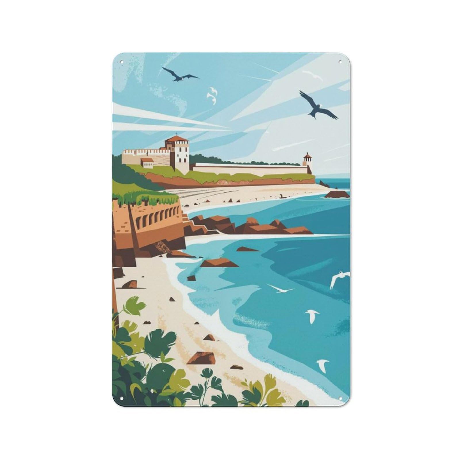 Junmoney Coastal Fortress Illustration Country Metal Wall Decor 30X20cm, Country Metal Sign For Kitchen, Cottage, Porch Or Garden Room