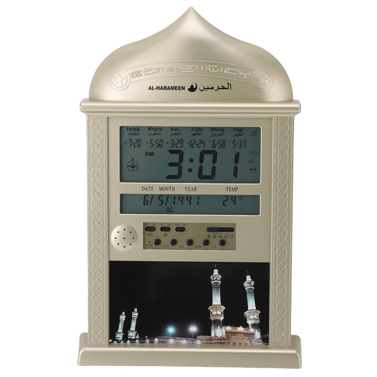 Azan Reloj, Reloj Despertador Preciso Reloj de Oración Digital Multifunción para Exhibición de Escritorio (Gold)