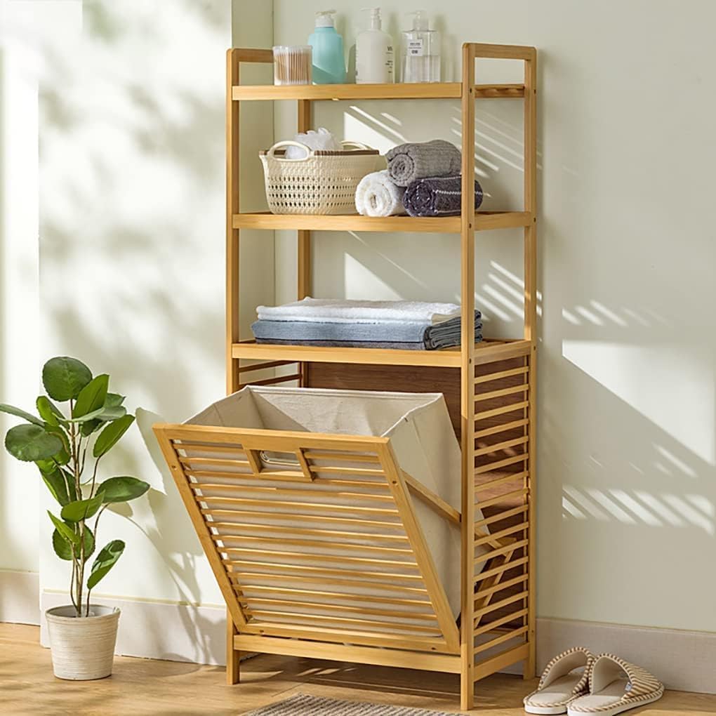 Bamboo Laundry Hamper Basket with Liner Bag Storage Dirty Clothes Tilt Out Baskets Section with Handles 2/3-Tier Shelves Organizer Hampers for Bedroom Bathroom Living Room (Style C)