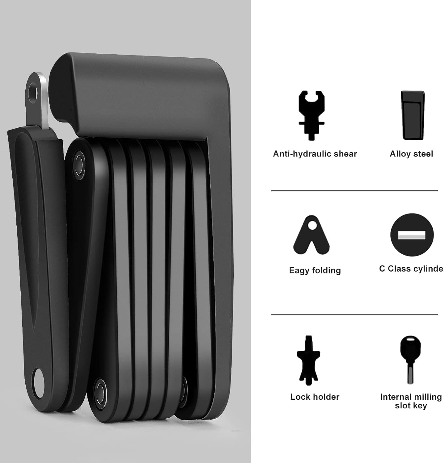 Antivol pliable pour vélo - Avec protection antivol haute sécurité - En acier solide - Support de serrure assorti inclus - Avec 2 clés en cuivre
