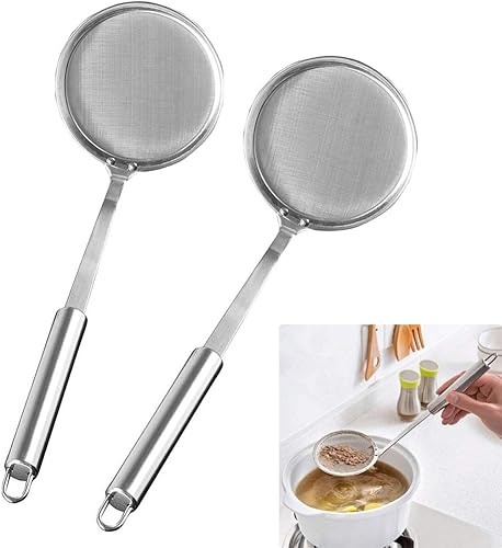 Paquete de 2 cucharas de acero inoxidable, colador de alimentos de malla fina para desnatar, grasa, salsa y espuma, filtro de cuchara para