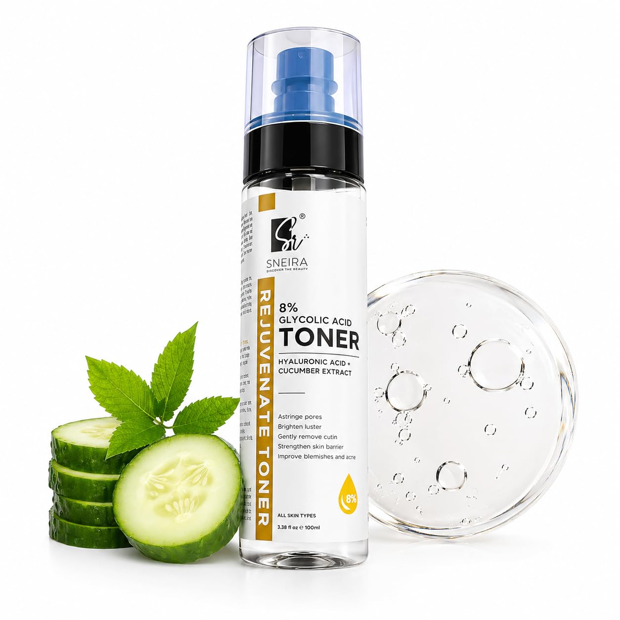 SNEIRA 8% Glycolic Acid Toner 100 ml, Hydrating Face Mist Toner Enriched with Hyaluronic Acid & Cucumber Extract For Exfoliating Glowing Skin, Pores Tightening, Korean Beauty Secrets For Women & Men