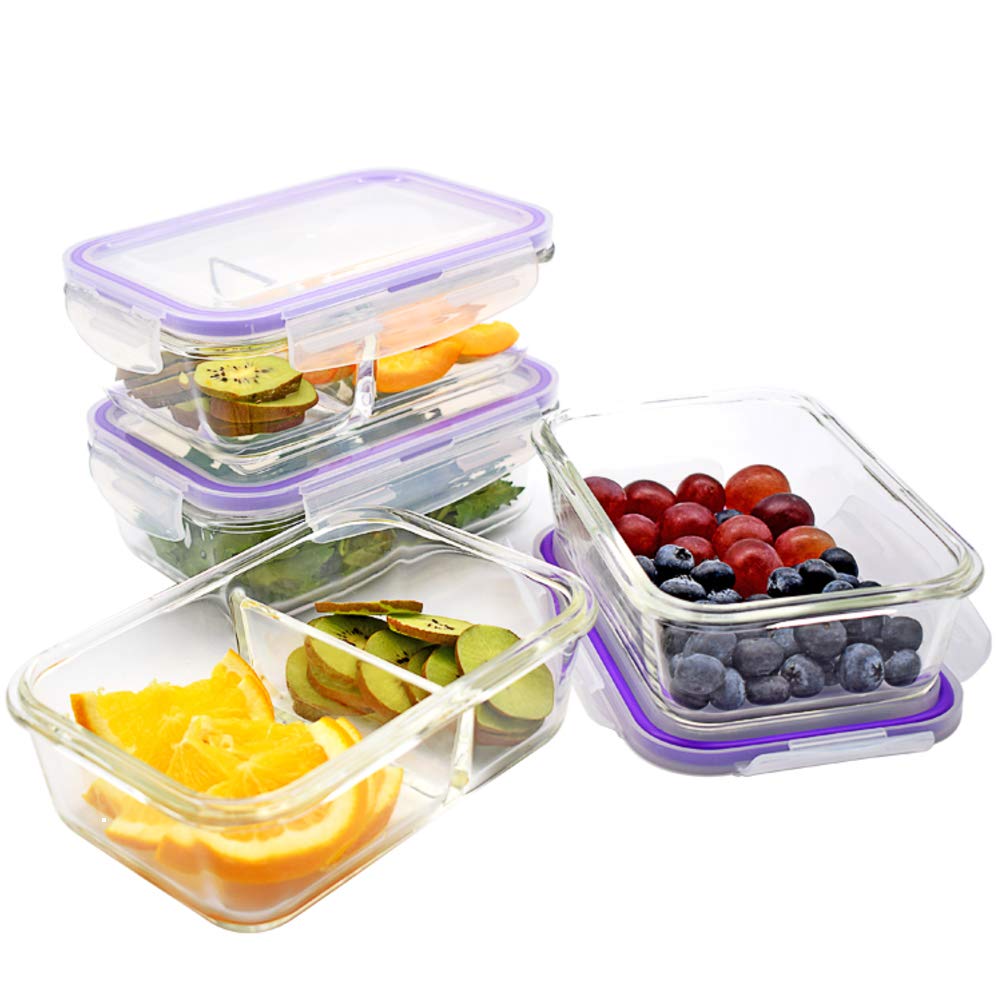 Glass Food Storage Containers w/Airtight Lids, 4-Pack, 28oz Each Container, [BPA FREE] Safe-to-Use: Microwave, Fridge, Freezer, Dishwasher, Oven