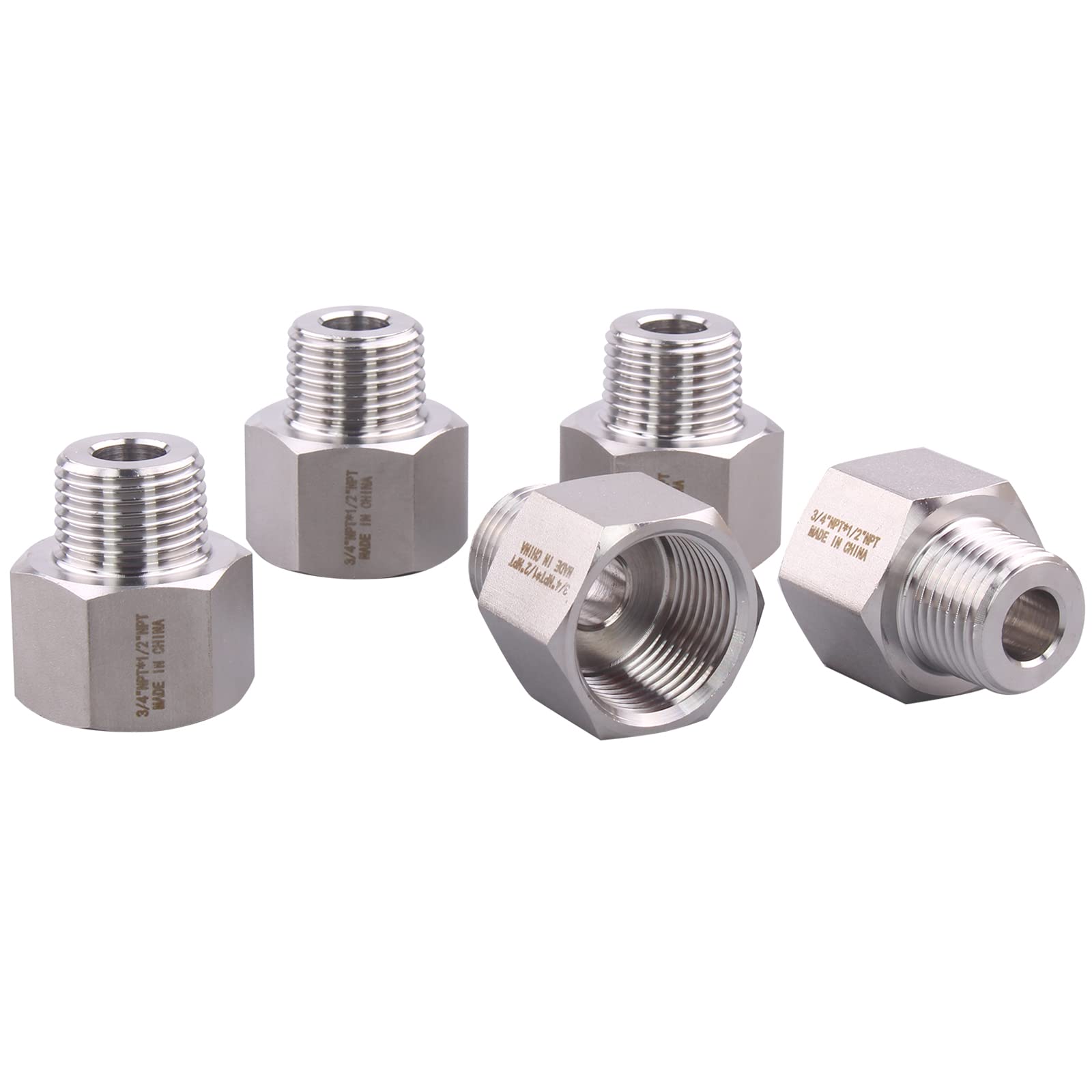 Forged Reducer Adapter Fitting - Stainless Steel 304 Reducing Pipe Connector, 3/4" NPT Female x 1/2" NPT Male (pack of 5)
