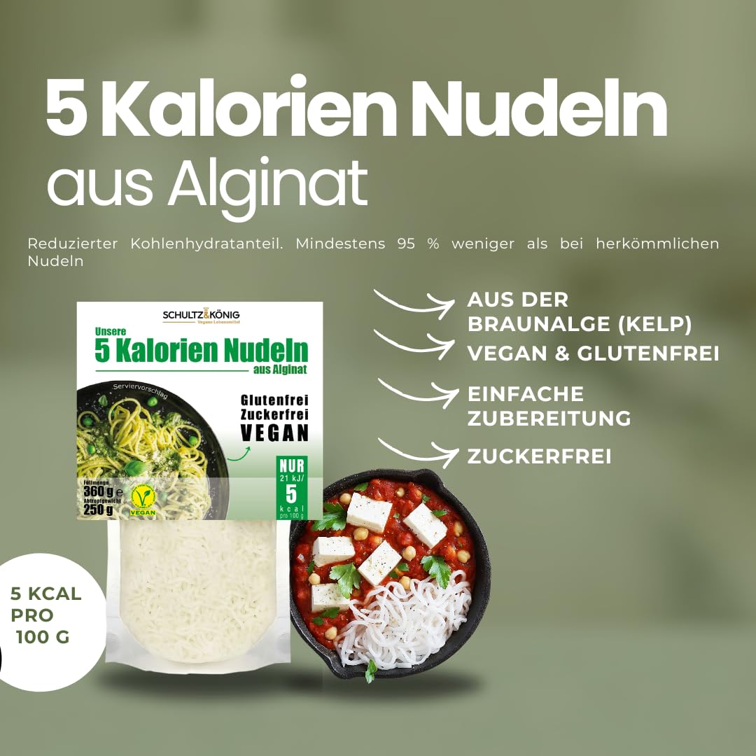 Confezione da 10 | Noodles da 5 calorie 250g | a base di alghe | Senza glutine, senza grassi e vegani | Inodori e insapori | Solo 5 kcal per 100g | Schultz e König