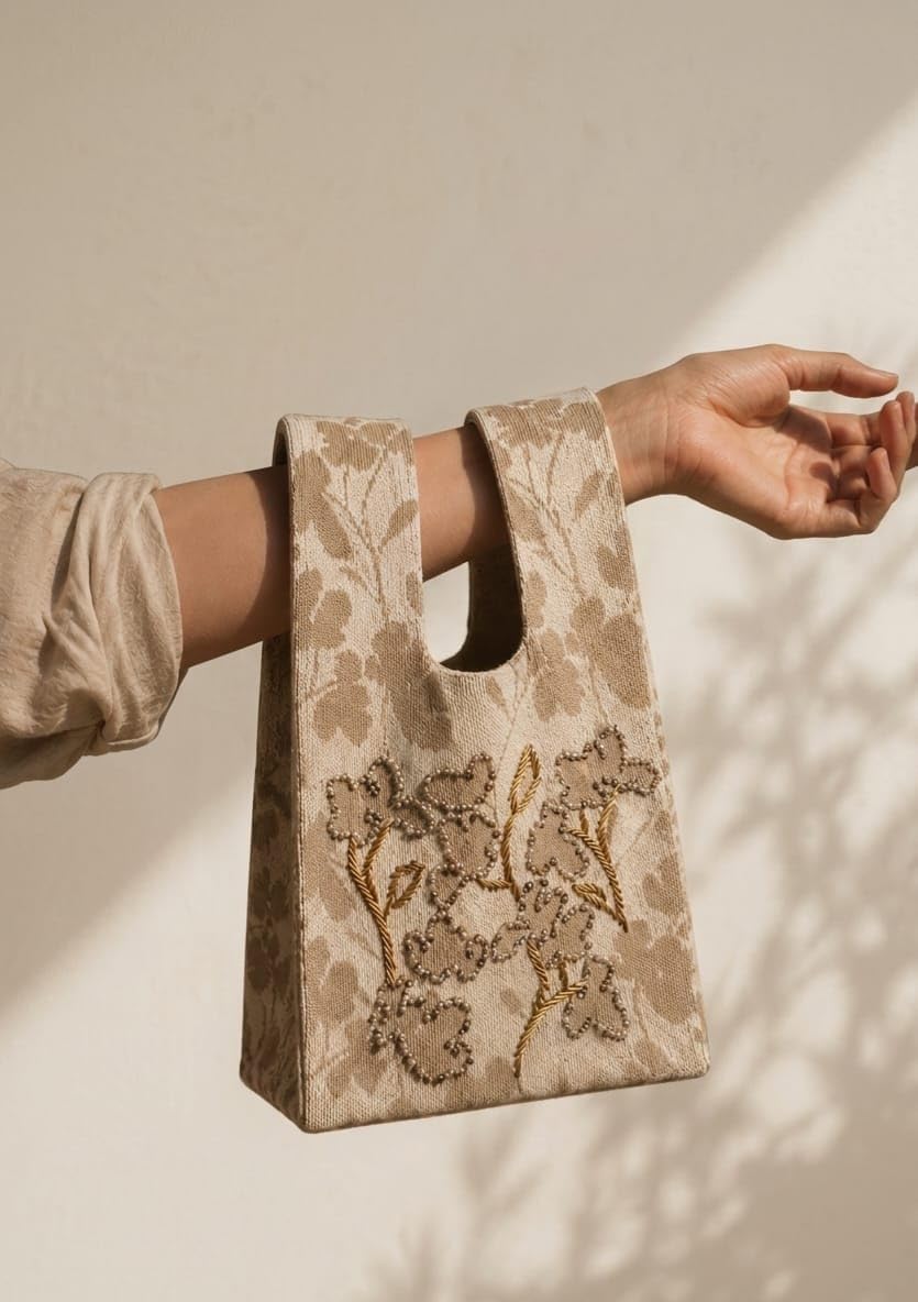 Genérico Bolso Tote Beige de Jacquard con Bordado Artesanal de Flores en Cuentas y Canutillos, Bolso de Mano Elegante de Lujo