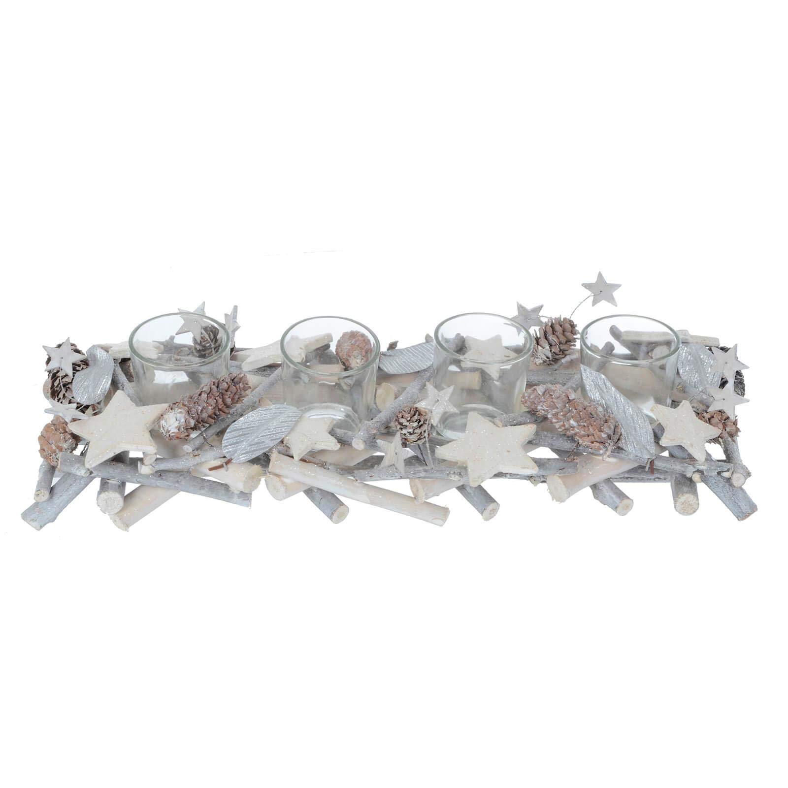 Mr Crimbo Grey,Silver Grey Silver Christmas Tealight Candle Holder Wood Twigs Stars 4 Glass Jars 40Cm