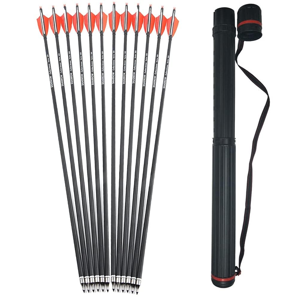SHARROW 32 Inches Archery Carbon Arrows Spine 500 Archery Target Arrow Adult Hunting Arrows with 4" Nature Feathers for Compound Bow Recurve Bow Longbow Bow And Arrow For Hunting (1Quiver+Orange, 12P)