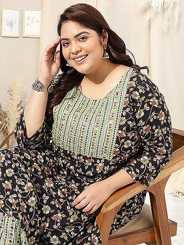 Image of MIRCHI FASHION Plus Size Women's Cotton Sequins Embroidered Foil Printed Anarkali Kurti
