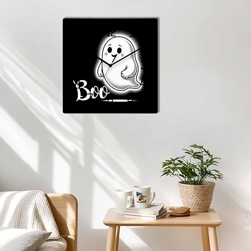 Vista 2 de Halloween Boo Wooden Wall Clock Silent Non Ticking, Ghost Black White Square Wall Clock Battery Operated, Decor Clock for Home Office, Living Room