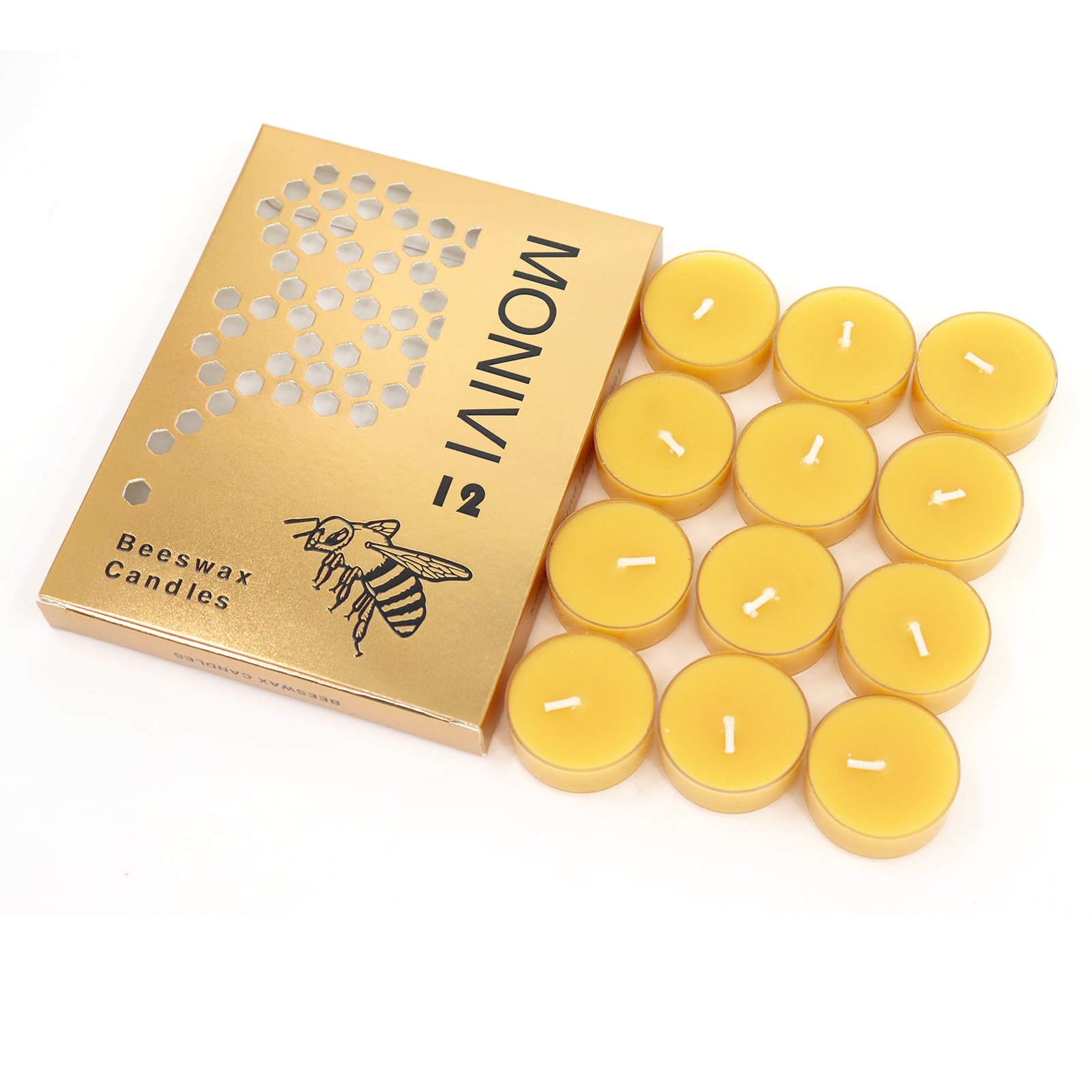 Monivi Natural Beeswax Tealight Candles 12Pack - Smokeless Yellow Tea Light Candles, 4 Hours Burn Time, for Home Décor, Ambiance, Spa, Yoga, Celebration, Prayer