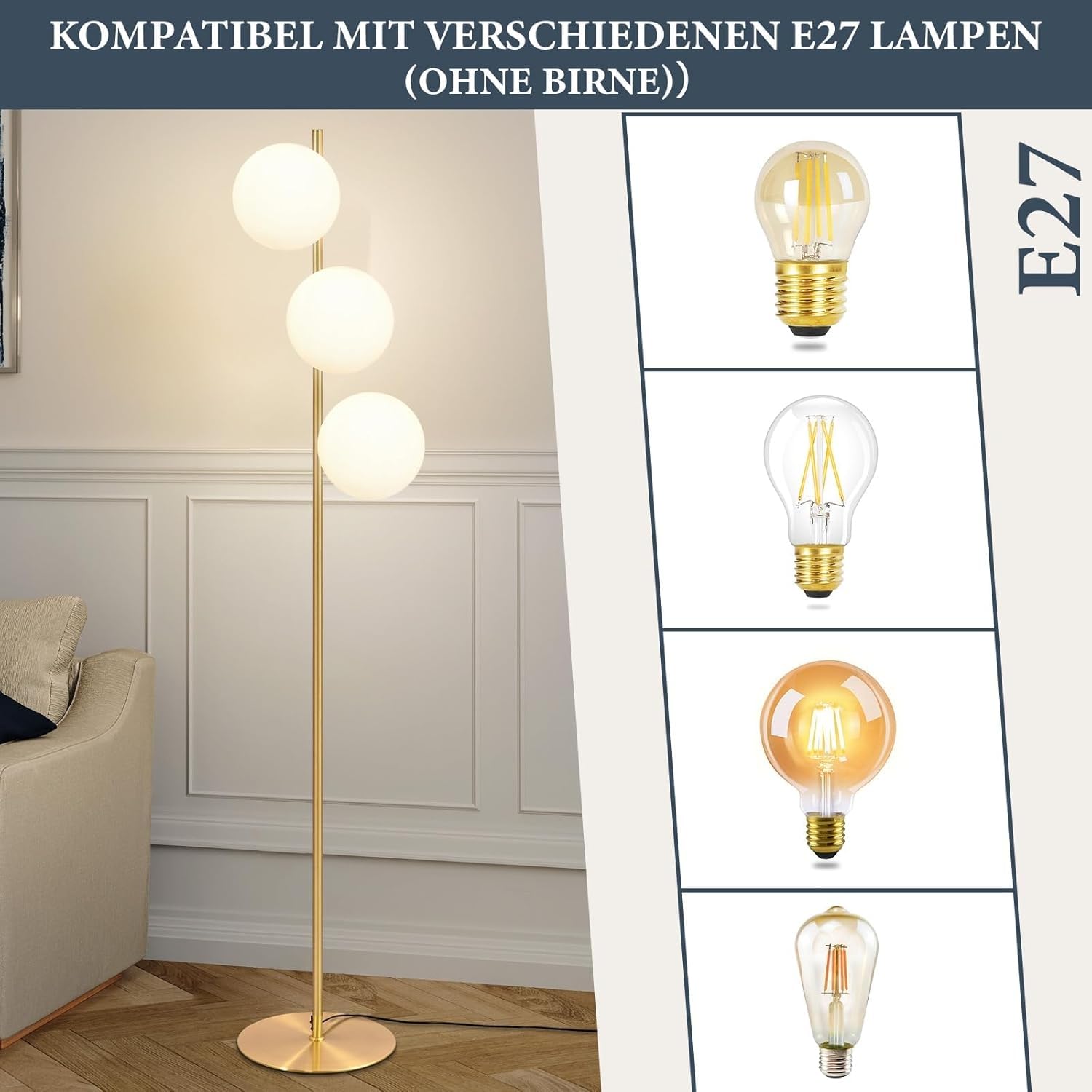 ZMH Lampada da terra moderna a stelo – 3 luci E27 design con interruttore a ped