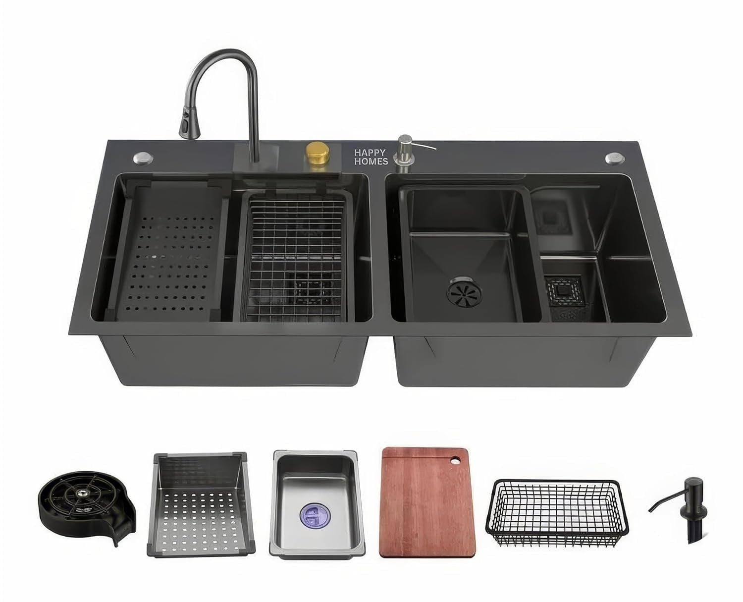 HAPPY HOMES HAPPY HOMES Kitchen Sink 47x18x10 inch Double Bowl with ANTI SCRATCH HONEYCOMB DESIGN Integrated Waterfall and Pull-down Faucet Set/304 Grade SS Sink with Complete Accessories