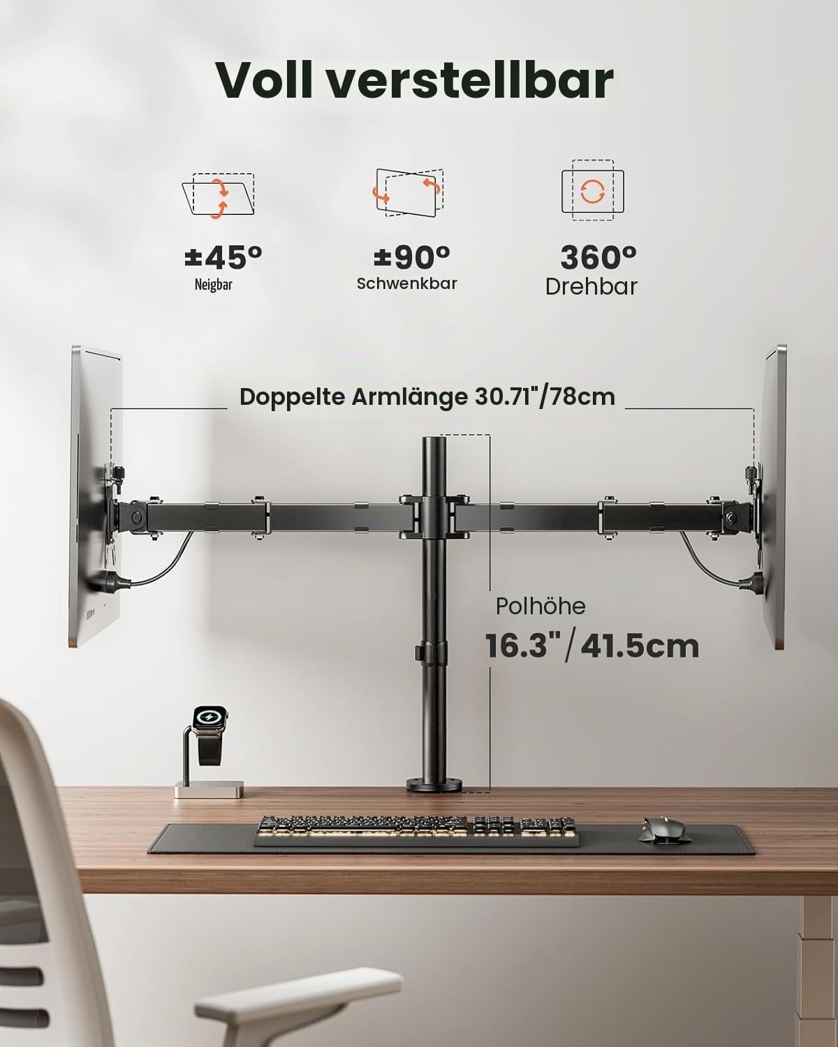 ErGear Monitor Halterung 2 Monitore für 13-32 Zoll Bildschirm, Bildschirmhalterung 2 Monitore Höhenverstellbar Neigbar Schwenkbar Drehungbar, VESA 75/100