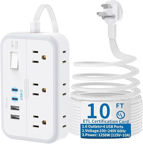 Cable de extensión plano de 10 pies, enchufe plano protector de sobretensiones con 6 tomacorrientes, 4 puertos USB, extensor de toma de corriente