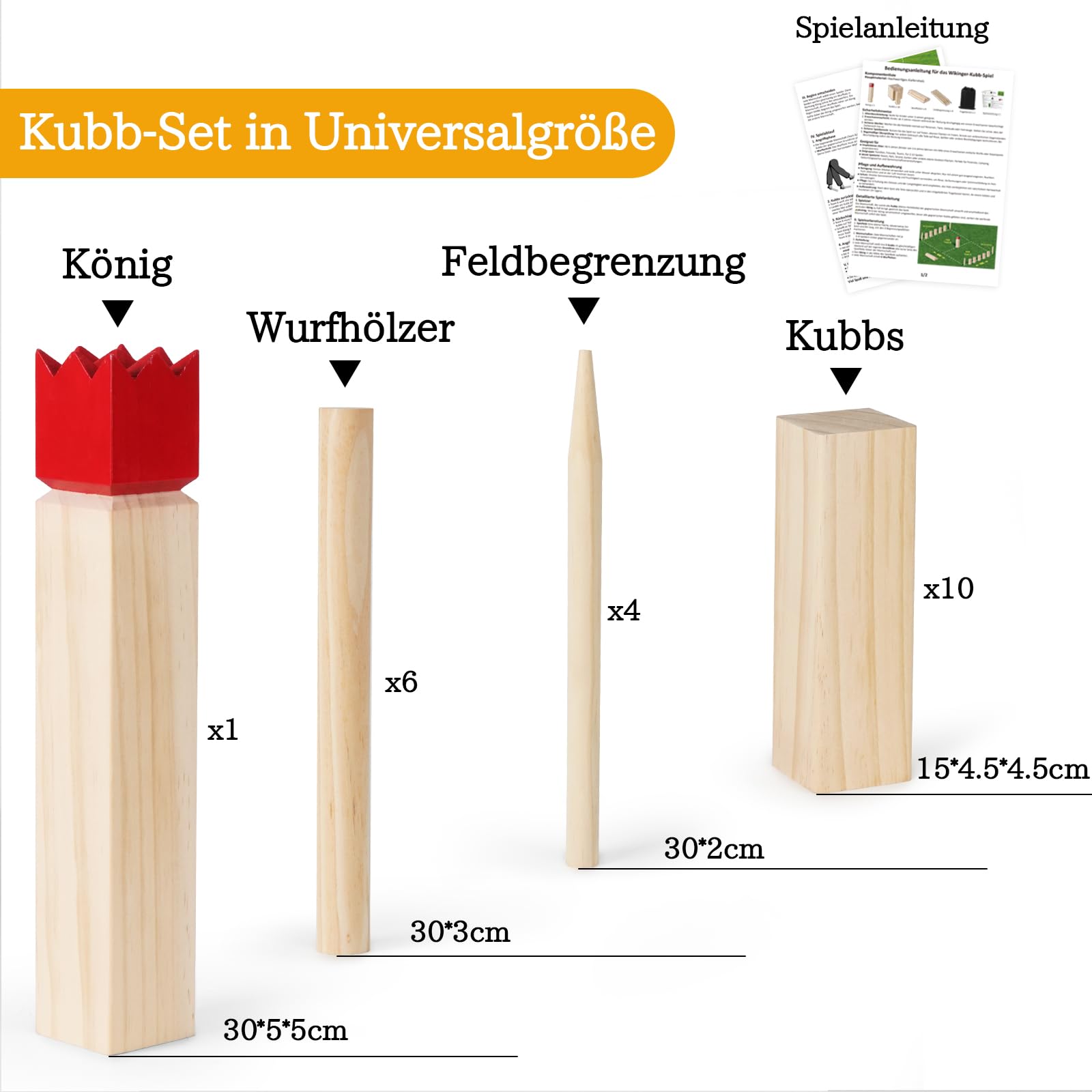 Kubb Wikinger Wurfspiel Groß - Original 5 Kubb Outdoor Spiele - Schwedenschach aus massiv Holz - mit Tasche & Spielanleitung - Holzspiel für Wiesen, Strände und Gärten