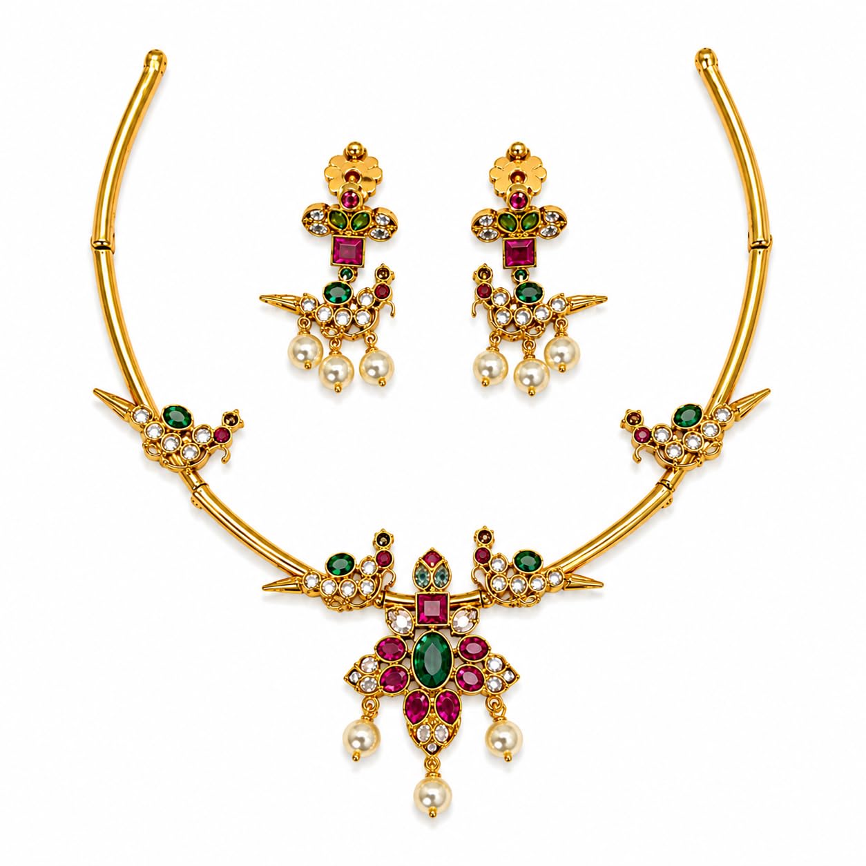 Traditional Temple Jewellery Peacock Choker Necklace Set for Women | Antique Gold Plated Kemp Stone Floral Design with Pearl Drops | South Indian Bridal Wedding Ethnic Necklace Earrings Set-image-25
