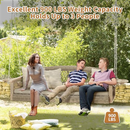 Image of HOMREST 3-Person Wicker Porch Swing with Upgraded Cup Holder, 56 Inch Patio Hanging Swing Bench Chair with Cushions, Outdoor Swing 900lbs Capacity Chains for Deck Garden Backyard (Beige)