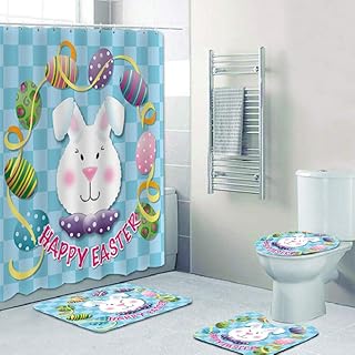 Forart 4pcs ensembles de rideaux de douche de Pâques, lapin de Pâques cachant des oeufs, joyeux lapin de Pâques étanche polyester accessoires de salle de bains ensembles