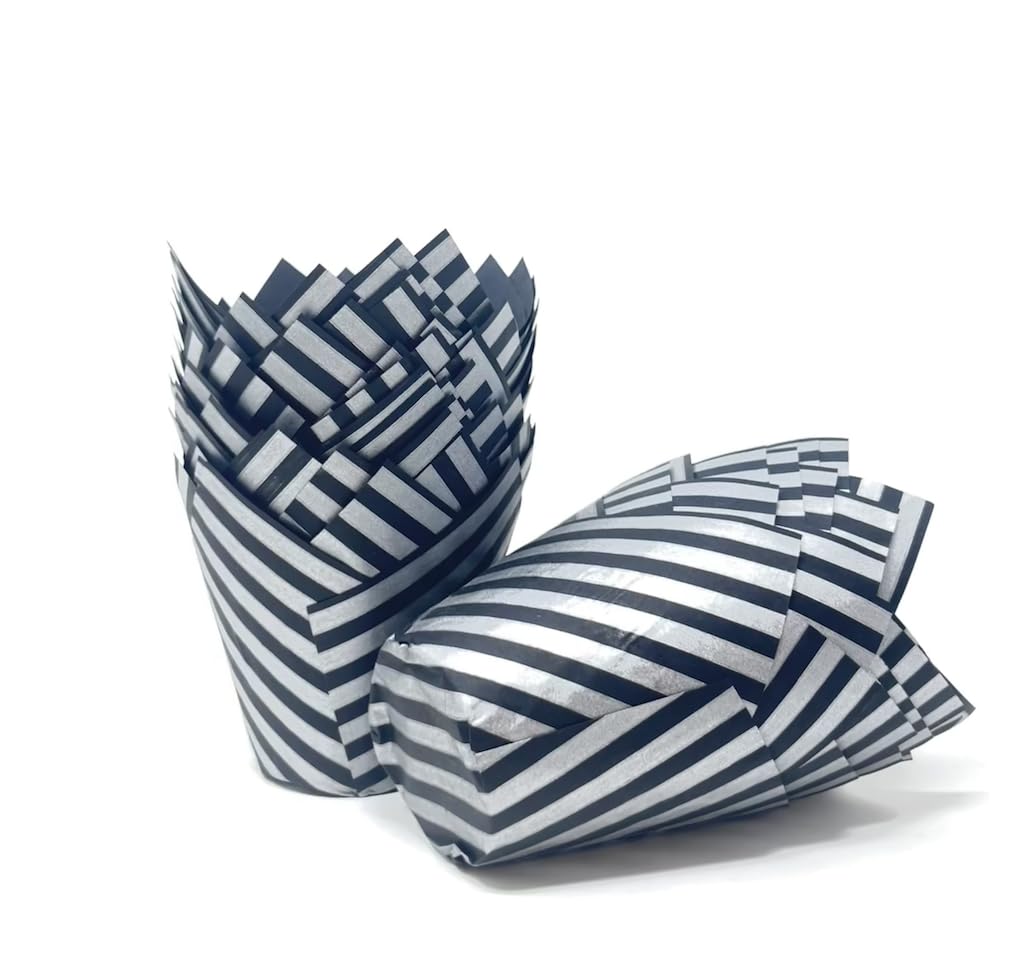 Bakery Direct 50 Standard Size Tulip Muffin Wraps (Black with Silver Stripe)