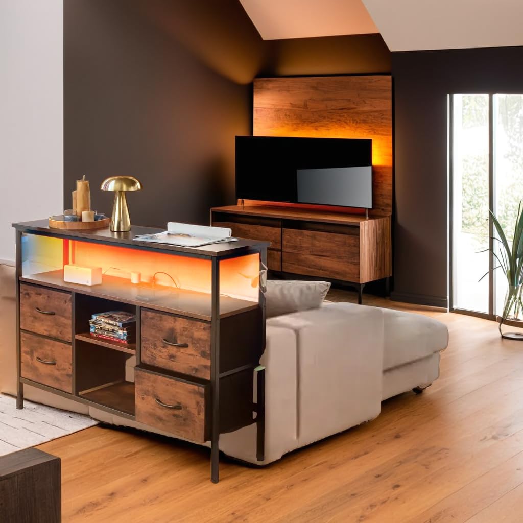 Cassettiera retrò con quattro cassetti e presa integrata, cassettiera in tessuto non tessuto con maniglie, cassettiere e credenze nere