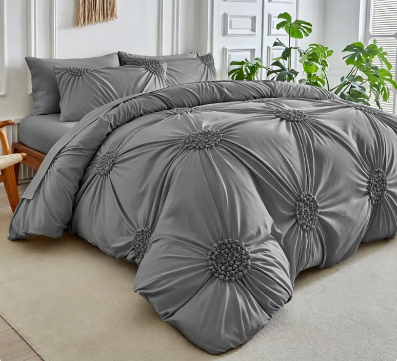 Set copripiumino trapuntato floreale, pieghettato in microfibra, set di biancheria da letto per la casa, set di biancheria da letto con chiusura a cerniera, fascette angolari KQSJT004