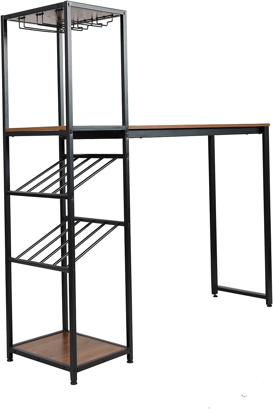 Flash Furniture Jura Metal Bar and Wine Table with Bottle and Stemware Storage, 2 Slanted Bottle Shelves, 3 Stemware Hangers, Waterproof Table Top, Black/Walnut Walnut Top/Black Frame