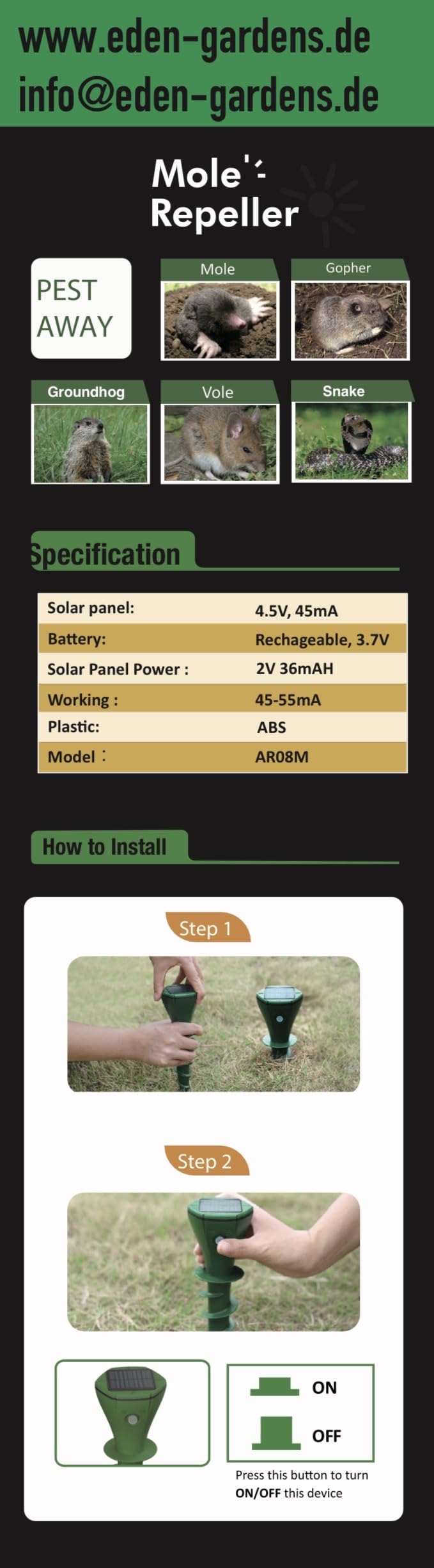 EdenGardens SOLAR MOLE PRO Maulwurf Vertreiber bestes Mittel gegen Wühlmäuse & Maulwurf - Maulwurfschreck Maulwurfvertreiben (4er Set)