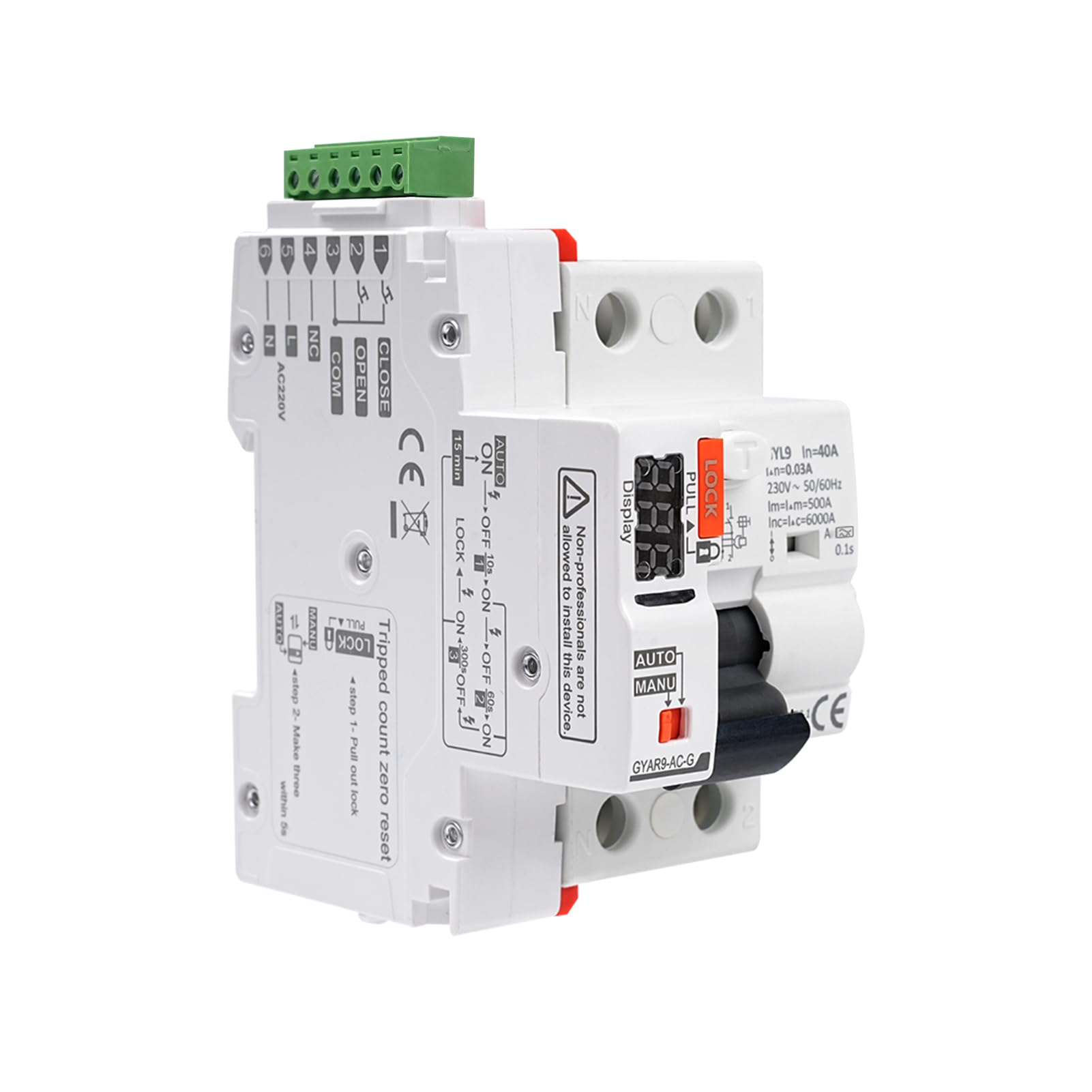 Interruttore Differenziale a Riarmo Automatico con display a LED,40A 30mA 2P AC230V Salvavita con Riarmo Automatico RCCB Salvavita Riarmo Automatico(30mA Type A)