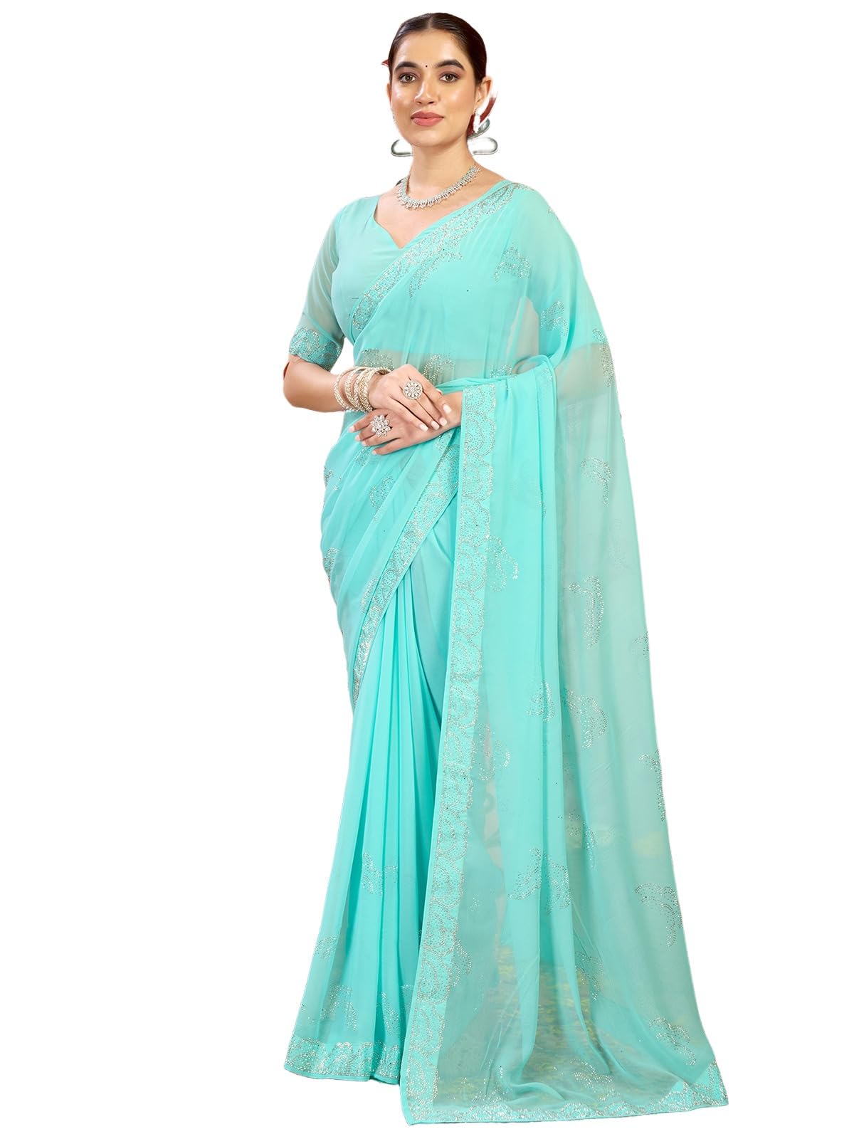 Satrani Women's Georgette Stone Work Saree With Unstitched Blouse Piece (4085S182N_Light Turquoise1)