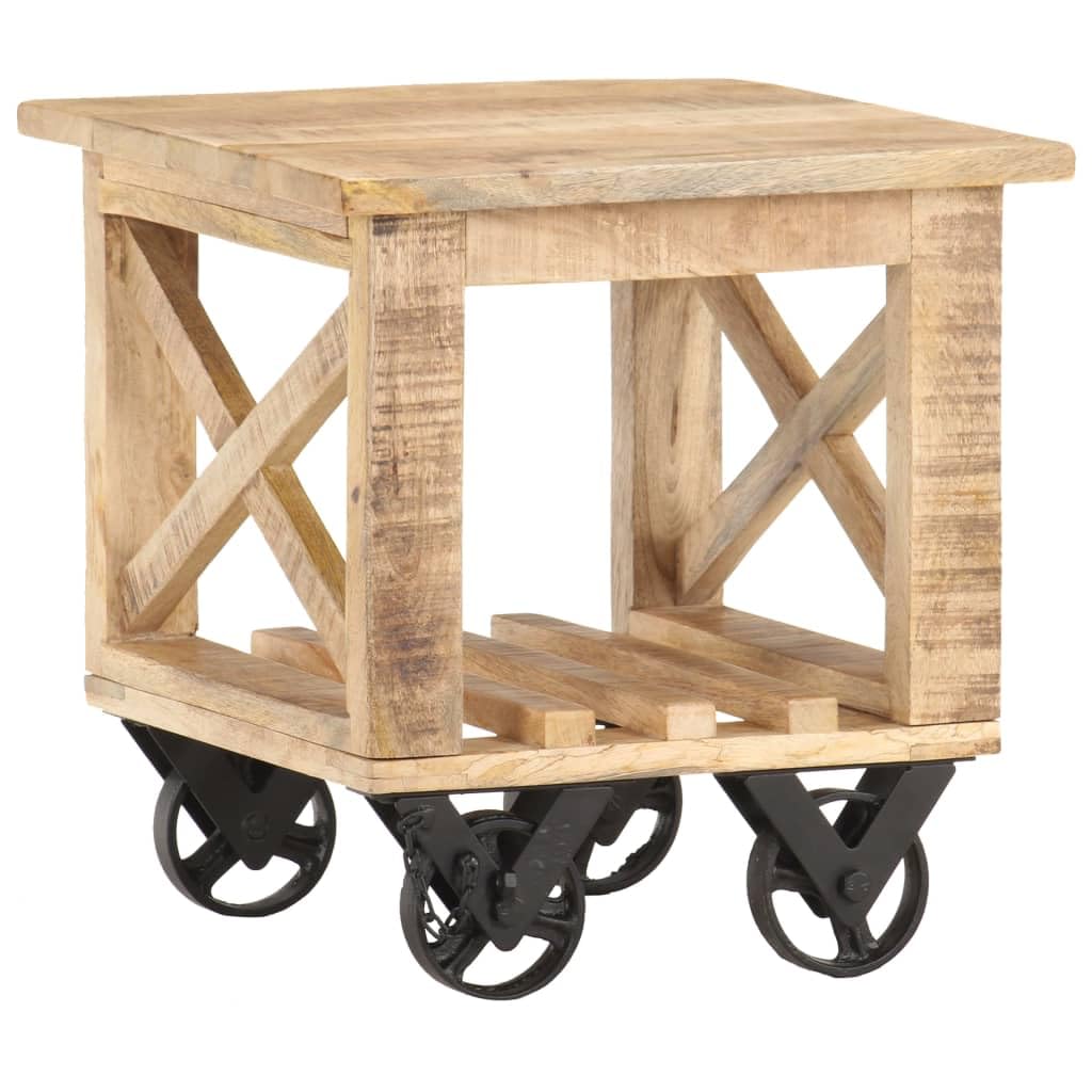 SXZenSpace Rustic Mango Wood Side Table on Wheels 40x40x42 cm, Vintage Small Coffee with Storage Shelf, Natural Brown End for Living Room Bedroom Hallway