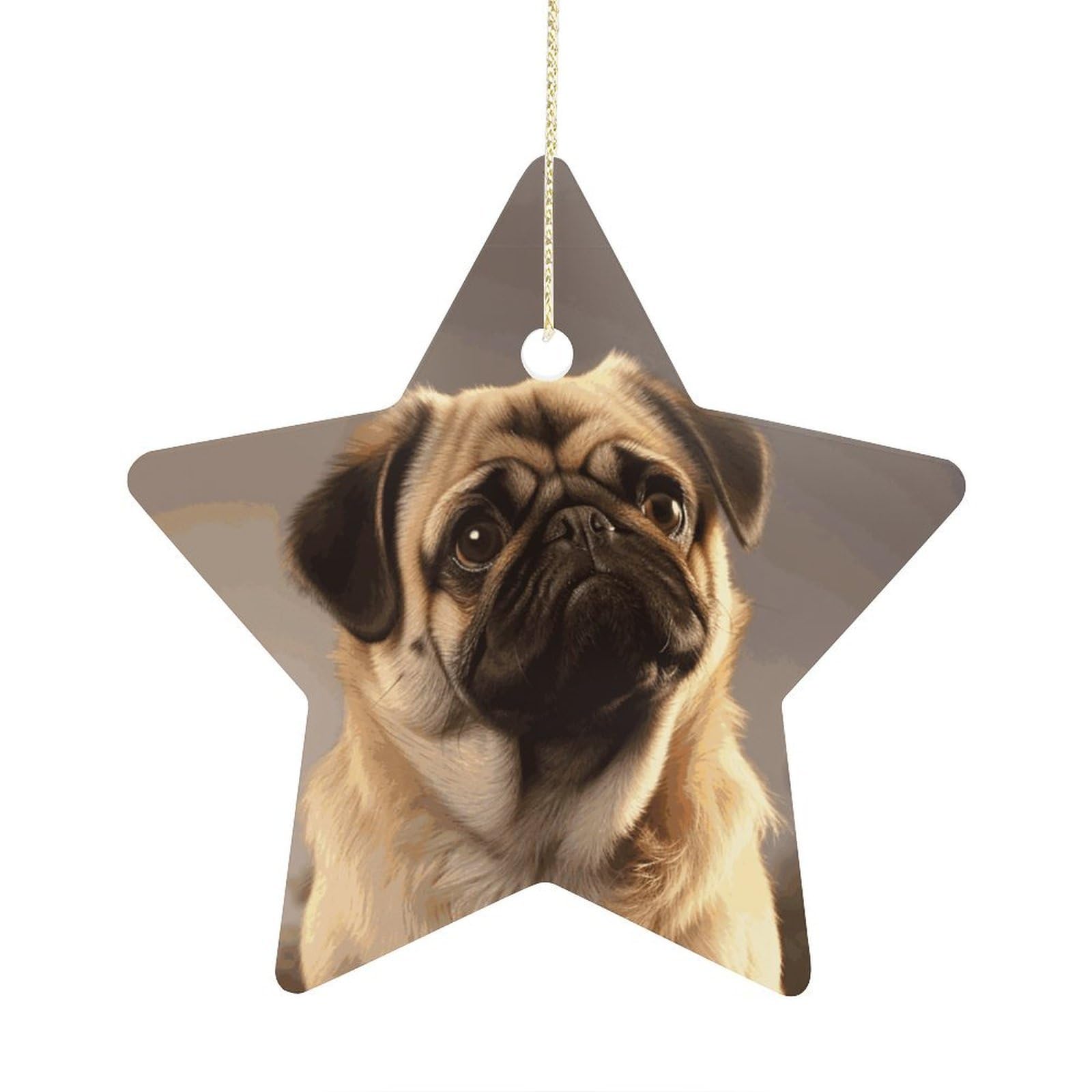 Cute Pug Dog Stars Ornaments Ceramic Christmas Tree Hanging Light in Weight Christmas Star Pendants Funny Double-Sided Printed Xmas Ornaments for Gifts