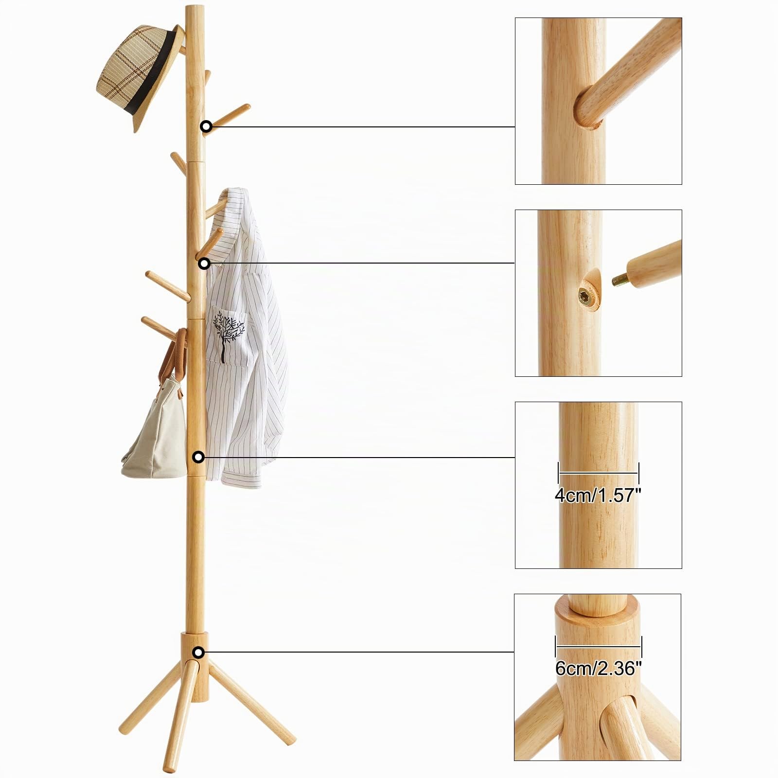 YMYNY Perchero de Madera, Arbol de Pasillo de Pie con 8 Ganchos, Perchero de Pasillo para Sombrero, Soporte para Bolso, Paraguas, Ropa, Bufandas, Tamaños Ajustables, Natural HD-HRF-1193