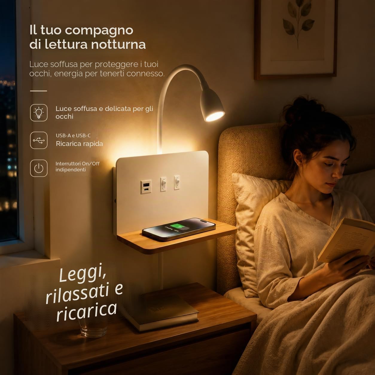 Bianco Applique da parete interno LED, Lampada da parete con Porte di Ricarica USB e Caricatore Wireless, Lampada a Muro a parete con spina e cavo, Regolabile e Flessibile Luce da Lettura Dimmerabile