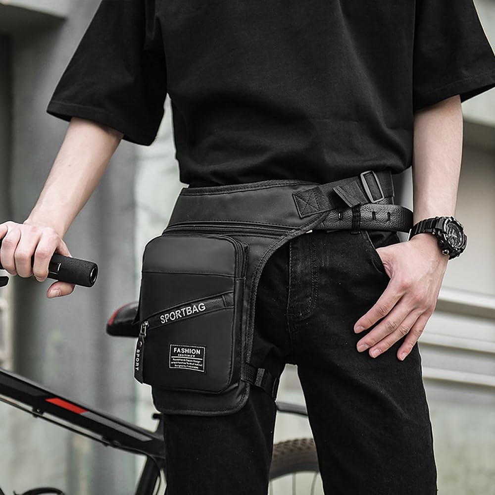 Pernera Moto, Bolsa Pierna Moto, Impermeable, de Nailon, para,otocicleta, con Cierre de Cremallera, para Hombres y Mujeres, Riñonera con Correas para Piernas Extraíbles para Ciclismo, Negro