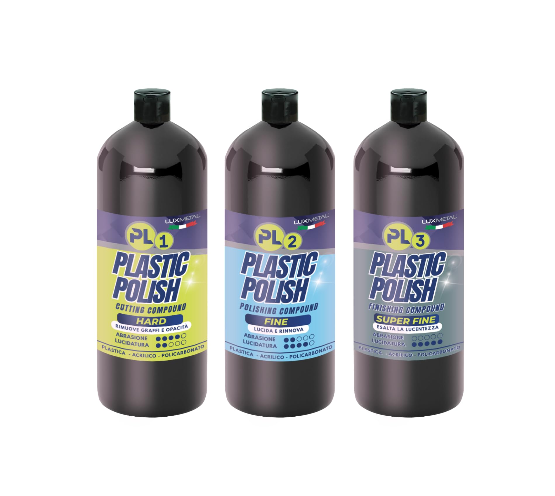 Kit Plastic Polish PL1 PL2 PL3 3 pastas abrillantadoras para plástico acrílico policarbonato, elimina arañazos, opacidad, reaviva la transparencia y el brillo (1 kg, PL1 PL2 PL3)
