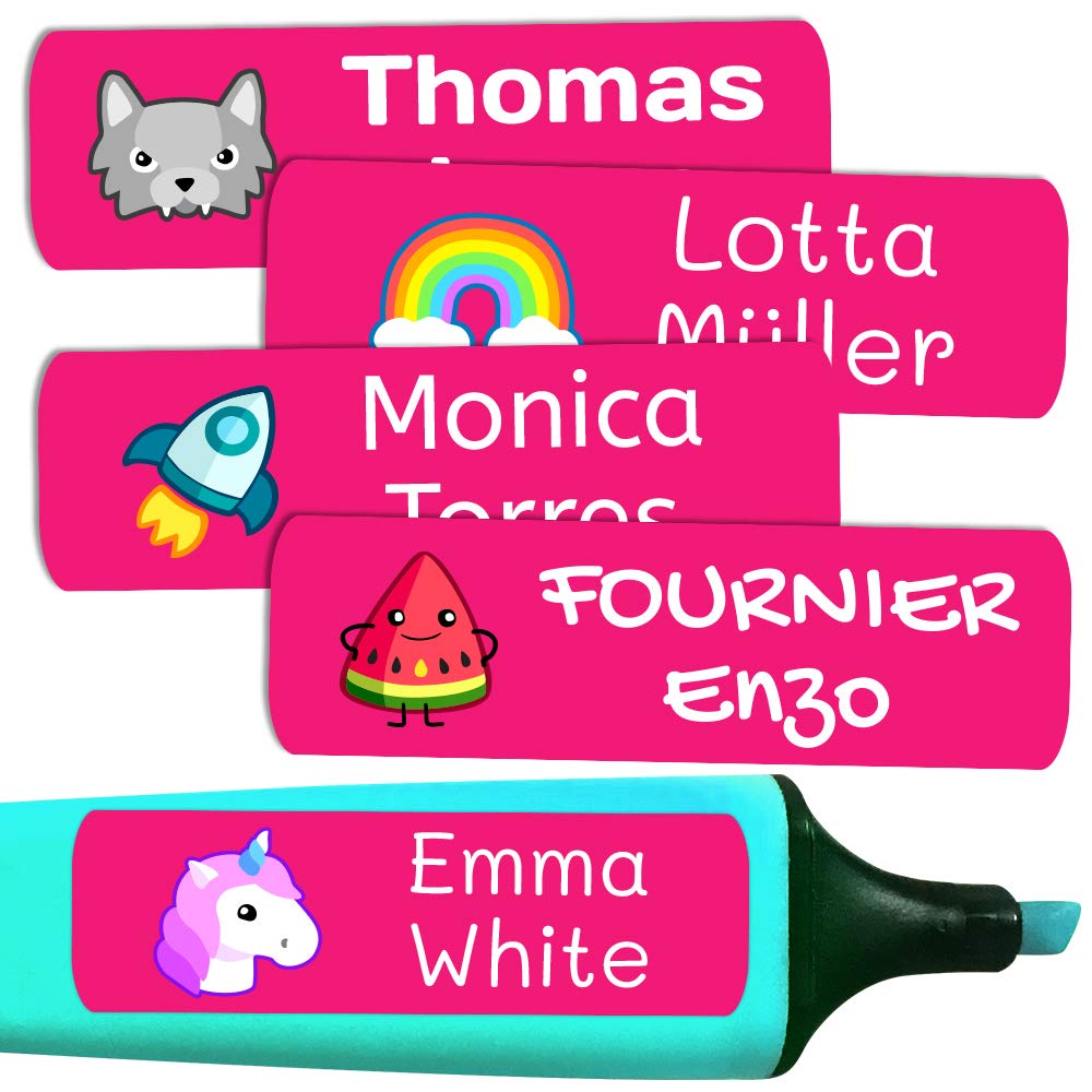 50 Etiquetas Adhesivas Personalizadas, de 6 x 2 cms, para marcar objetos, libros, fiambreras, etc. Color Fucsia