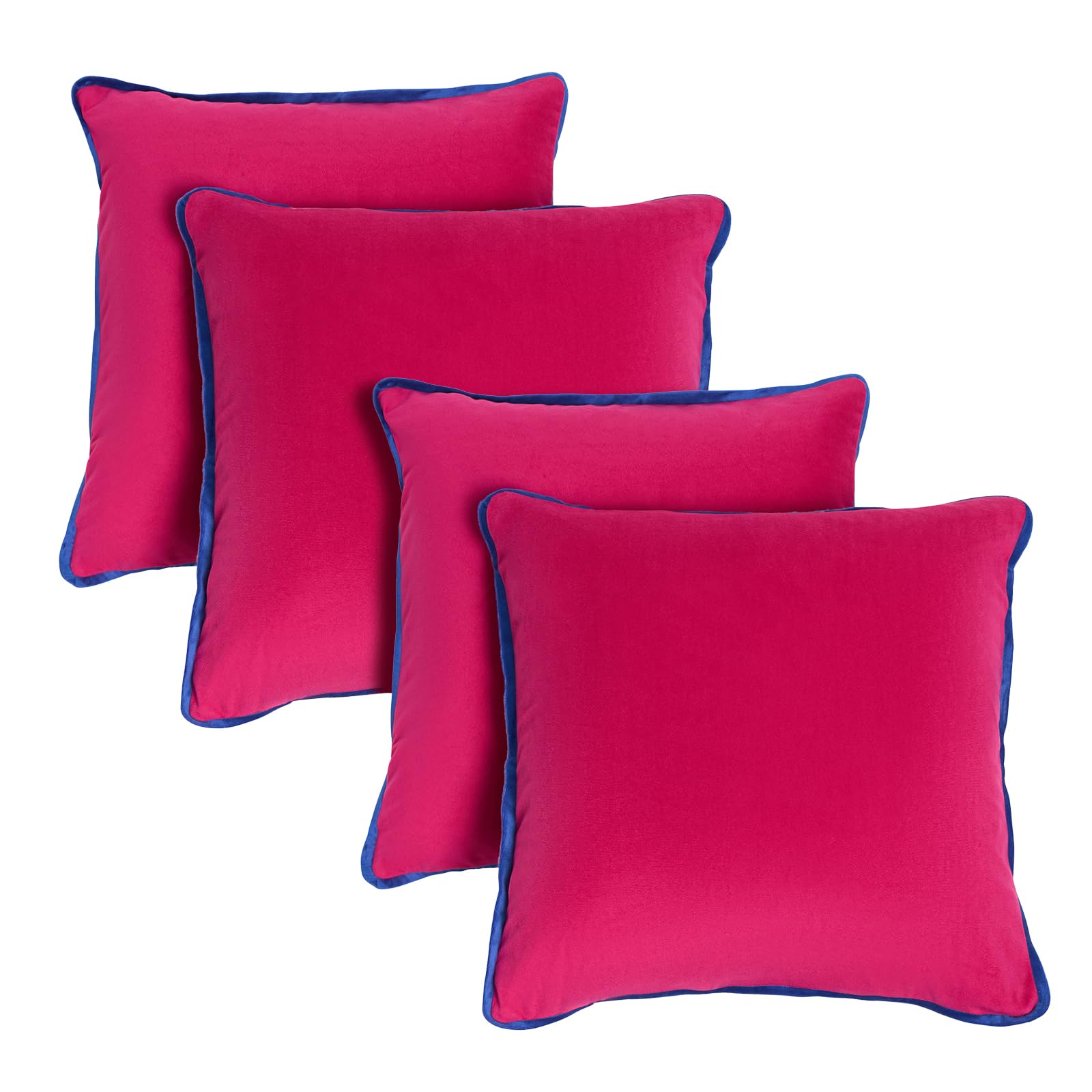 OHS Piped Edge Cushion Covers 45 x 45 Set of 4, Matte Velvet Cushion Covers Decorative Throw Pillow Cover with Invisible Home Decor for Sofa Bedroom Living Room, Hot Pink/Blue