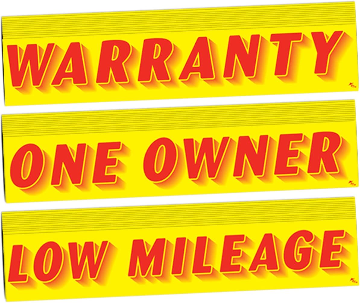 Versa-Tags Windshield Slogan Stickers 12 Pack of Warranty Stickers 12 Pack of ONE Owner Slogans 12 Pack of Low Mileage Window Stickers (36) Dealership Stickers Red On Yellow