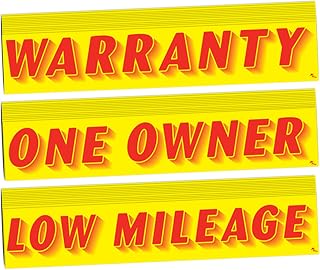 Versa-Tags Windshield Slogan Stickers 12 Pack of Warranty Stickers 12 Pack of ONE Owner Slogans 12 Pack of Low Mileage Window Stickers (36) Dealership Stickers Red On Yellow
