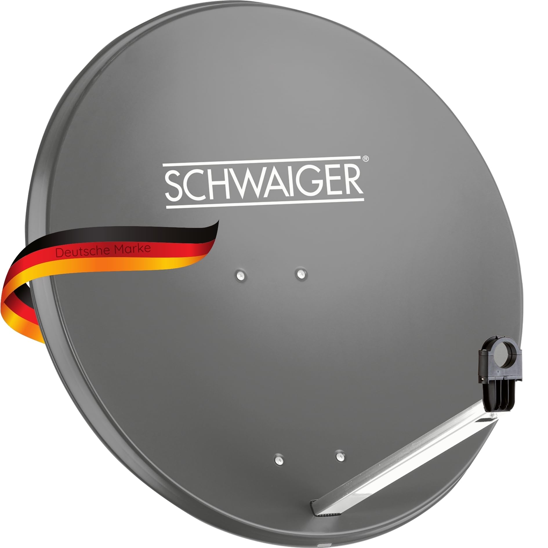Antena para televisión digital vía satélite Schwaiger 714166 (75 x 85 cm) con brazo de carga LNB y mástil, antracita, espejo de acero – para recepción de DVB-S/S2 en Full HD, 3D y 4K (Ultra HD)