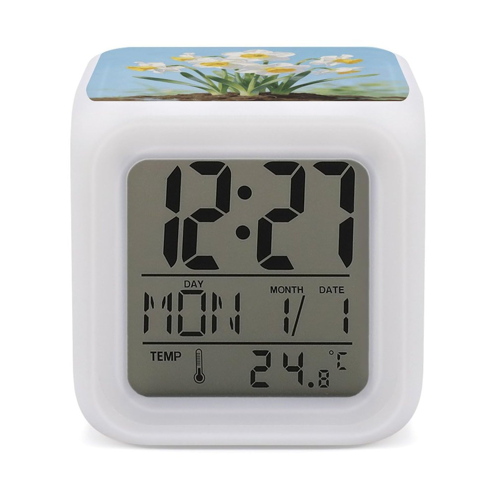 LZQPOEAS Narcissus Alarm Clock with 7 Color Changing Nightlight for Bedroom Calendar Temperature Display Wake Up Digital Clock Small Desk Clocks for Heavy Sleepers Adults