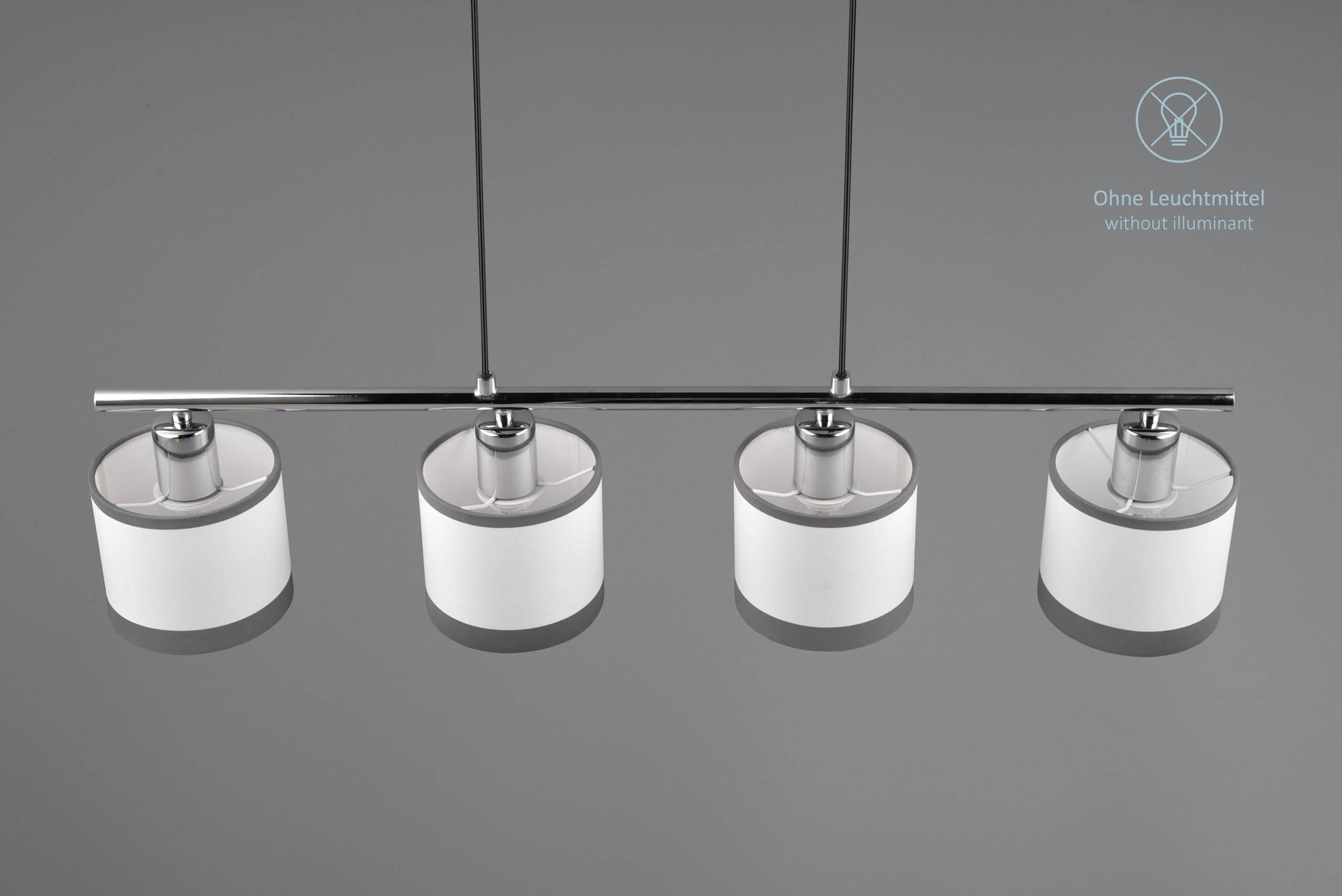 Modern Pendellampe Davis 4-flammig, Höhe anpassbar, Stoffschirm in Weiß, exkl. 4 x E14 max. 10W, Ø 12 cm, Höhe 150 cm, Metall, chrom