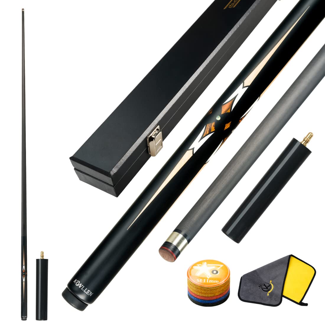 KONLLEN Snooker Cue Carbon Fiber Cue Hand-Made Inlay Billiard Cue with 10.2mm Tip Snooker Cue Stick Kit (Including Extension Cue Case Pool cue tip and Pool cue Cleaner)