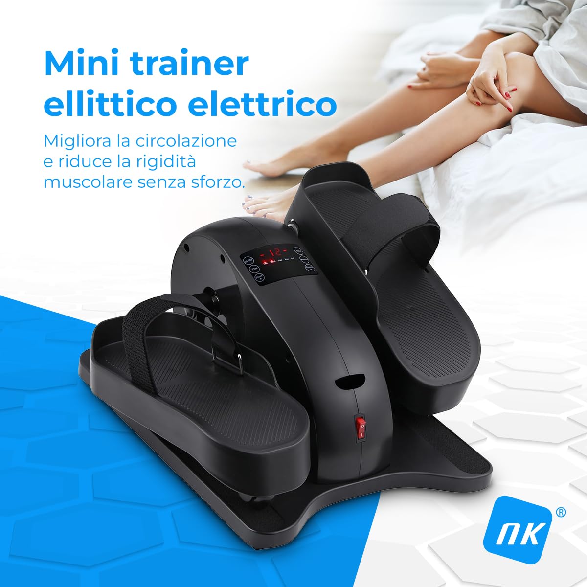 NK Mini Ellittica Elettrica con Telecomando, Pedalatore Silenzioso per Casa o Ufficio, 12 Livelli, Display LCD, Allenamento Passivo, Compatto, Nero